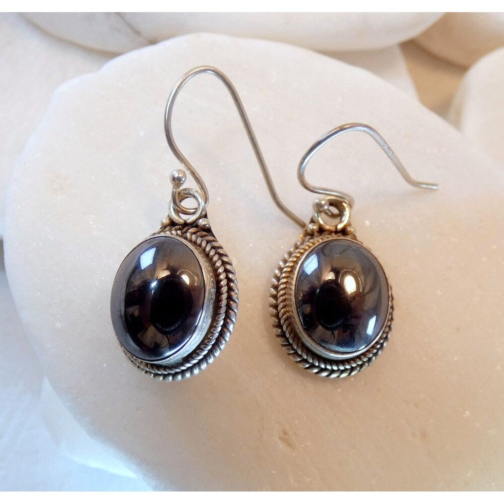 Vintage Hematite Sterling Silver Oval Domed Earrings Artisan Handmade